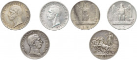 Lotto composto da 3 esemplari tutti emessi da Vittorio Emanuele III (1900-1943) - 2 da 5 Lire "Aquilotto" Anni 1927 - 1930 - 1 da 1 Lira "Quadriga bri...