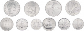 Repubblica Italiana - Monetazione in Lire (1946-2001) Lotto n.5 monete serie 1954 composta da 1 Lira "Cornucopia" - 2 Lire "Ulivo" - 5 Lire "Delfino" ...