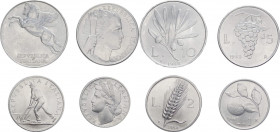 Monetazione in Lire (1946-2001) Lotto n.4 monete serie 1948 composta da 1 Lira "Arancia" - 2 Lire "Spiga" - 5 Lire "Uva" - 10 Lire "Ulivo" ( R/ Puntin...
