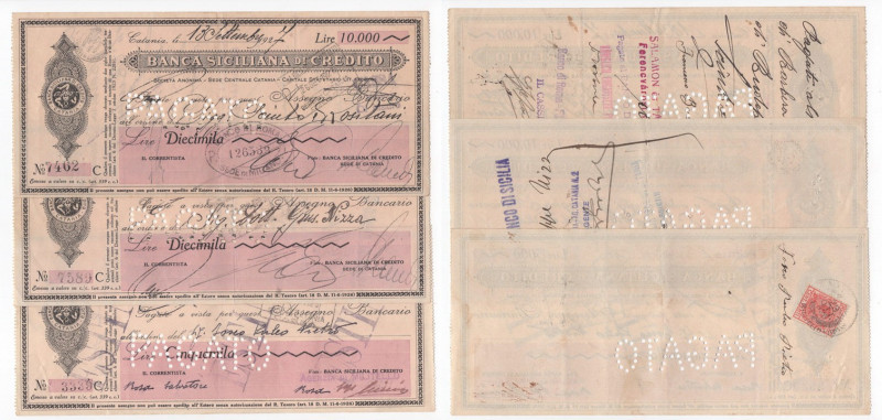 Regno d'Italia - Banca Siciliana di credito - lotto di 3 assegni bancari - 1928...