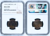 GREAT BRITAIN George III (1760-1820) Farthing (quater Penny) 1799 bronze Gr.6,3. KM#646; Spink 3779. NGC MS63 BN (n.3992552-002). Four berries in wrea...