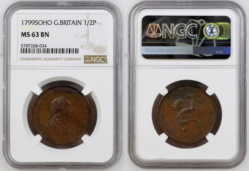 GREAT BRITAIN George III (1760-1820) Half penny 1799 SOHO bronze Gr.12,6. KM#647...