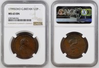 GREAT BRITAIN George III (1760-1820) Half penny 1799 SOHO bronze Gr.12,6. KM#647; Spink 3778. NGC MS63 BN (n.5787268-034).