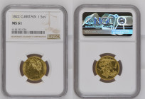 GREAT BRITAIN George IV (1820-1830) Sovereign 1822 gold Gr.7,99. Spink 3800; Marsh 6. NGC MS61 (n.6144153-026). Rare. (Mintage 6356787). S.George reve...