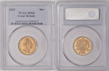 GREAT BRITAIN William IV (1830-1837) Sovereign 1832 gold Gr.7,99. Spink 3829B; Marsh 17. PCGS MS62 (n.206929.62-13995417). Rare. (Mintage 3737065). Se...