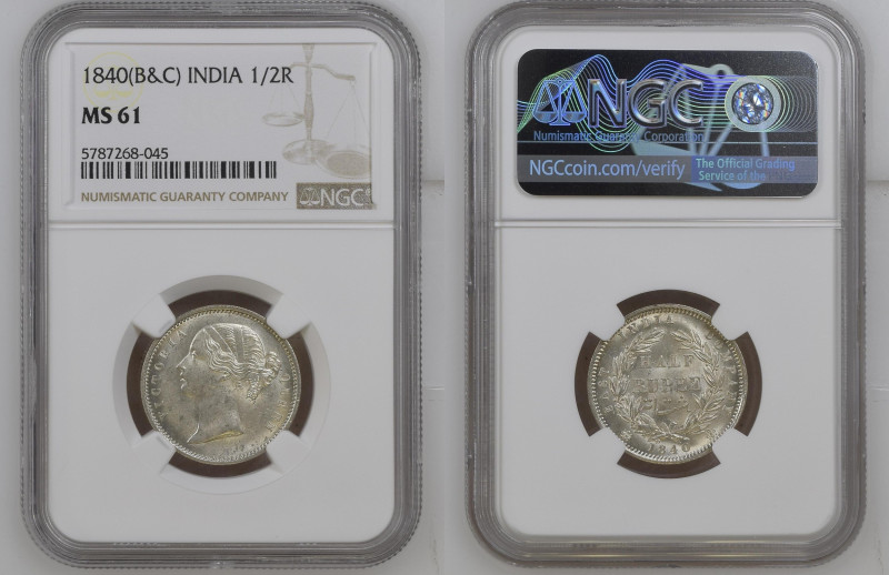 INDIA Victoria (1837-1901 ) half rupee 1840 silver Gr.2,92. Km#457. NGC MS61 (n....
