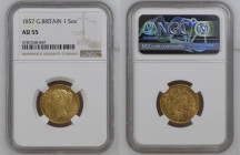 GREAT BRITAIN Victoria (1837-1901) Sovereign 1857 gold Gr.7,99. Marsh 40; Spink 3852D. NGC AU55 (n.5787248-047). Rare. Shield reverse, date retorted.