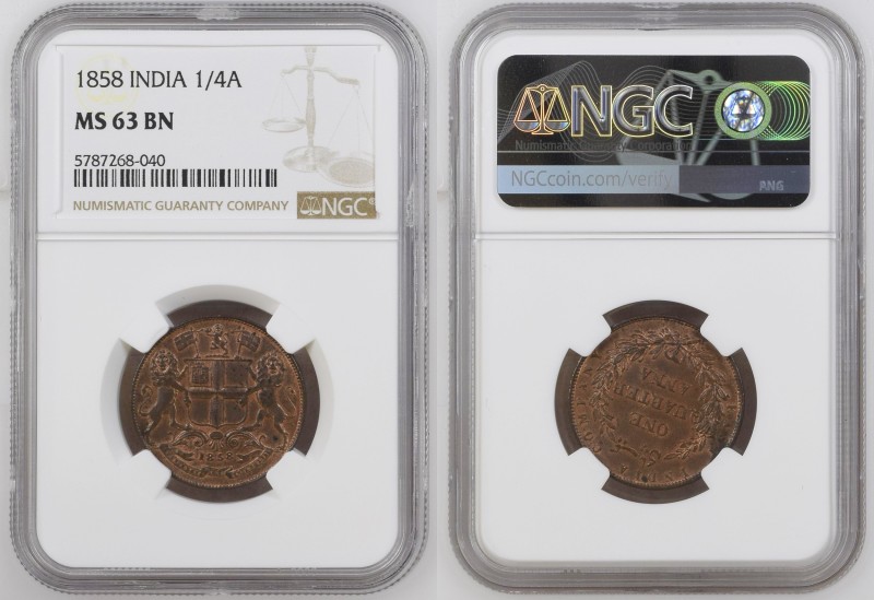 INDIA Victoria (1837-1901) Quater Anna 1858 copper Gr.6,42. KM#463. NGC MS63 BN ...