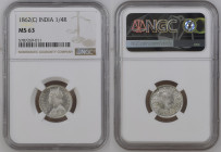 INDIA Victoria (1837-1901) Quater Rupee 1862C silver “CALCUTTA” Gr.5,83. KM#470. NGC MS63 (n.5787269-011).