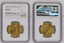 GREAT BRITAIN Victoria (1837-1901) 2 Pounds 1887 gold Gr.16. “SMALL B.P.”. Spink 3865; Marsh 25. NGC MS64 (n.6144153-036). Rare. (Mintage 91345).