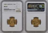 GREAT BRITAIN Victoria (1837-1901) Sovereign 1889 gold Gr.7,99. Spink 3866B; Marsh 127. NGC MS62 (n.5787247-003). (Mintage 7257455).
