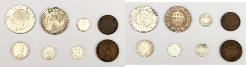 Victoria (1837-1901) Lot of 8 coins. East India: : 1 rupee silver 2 pieces KM#45...