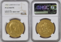 GREAT BRITAIN Edward VII (1901-1910) 5 Pounds 1902 gold Gr.39,94. Marsh F36; Spink 3966. NGC PF63 MATTE (n.6144153-006). (Mintage 8000). Rare in this ...
