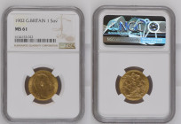 GREAT BRITAIN Edward VII (1901-1910) Sovereign 1902 gold Gr.7,99. Marsh 174; Spink 3969. NGC MS61 (n.6144153-022). (Mintage 4.737.796). Reverse S.Geor...