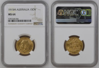 AUSTRALIA George V (1910-1936) Sovereign 1915M gold Gr.7,99. “MELBOURNE” Marsh 233; Spink 3999. NGC MS64 (n.5787248-046). Rare. (Mintage 1637839). Min...