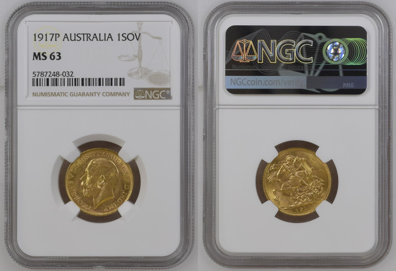 AUSTRALIA George V (1910-1936) Sovereign 1917P gold Gr.7,99. “PERTH” Marsh 256; ...