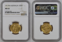 AUSTRALIA George V (1910-1936) Sovereign 1917M gold Gr.7,99. “MELBOURNE” Marsh 235; Spink 3999. NGC MS62 (n.5787248-040). Rare. (Mintage 934469). Mint...