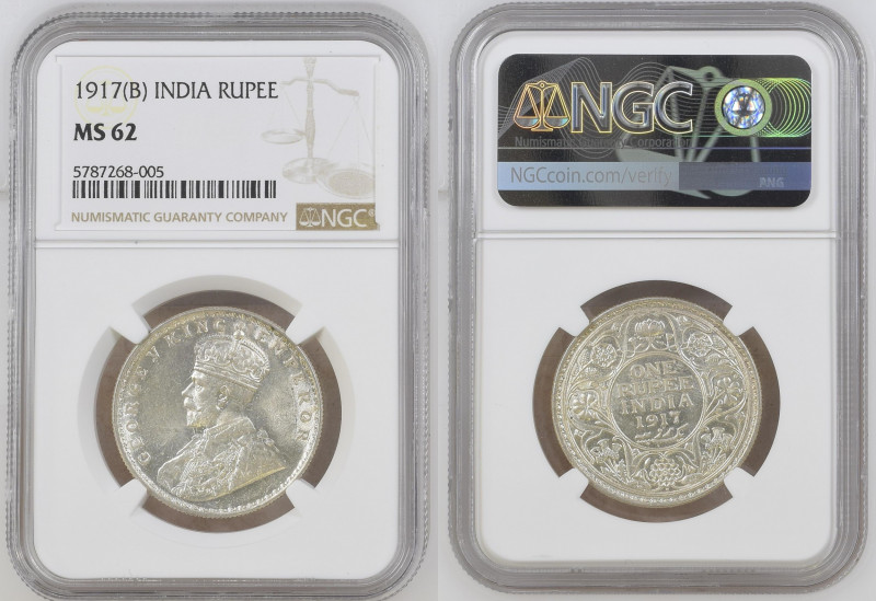 INDIA George V (1910-1936) Rupee 1917B silver Gr.11,66. “BOMBAY” KM#524. NGC MS6...