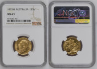 AUSTRALIA George V (1910-1936) Sovereign 1925M gold Gr.7,99."MELBOURNE". Marsh 243; Spink 3999. NGC MS63 (n.6141352-021). (Mintage 3311662). Reverse S...