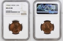 INDIA George V (1910-1936) Quarter Anna 1936C copper Gr.4.85. “CALCUTTA” Km#512. NGC MS65 RB (n.5787268-037). (Mintage 227501000). Red copper.