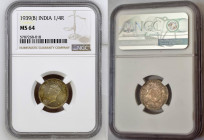 INDIA George VI (1936-1952) Quarter Rupee 1939B silver Gr.2.62. “BOMBAY” Km#544. NGC MS64 (n.5787268-018). Rare. (Mintage 6770000). Mint luster.