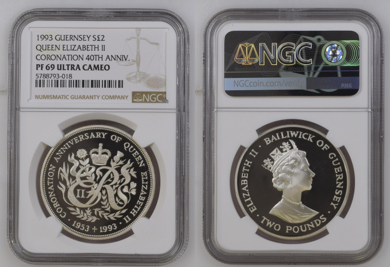 GUERNSEY Elizabeth II (1952-Present) 2 Pounds 1993 silver Gr.28,28. NGC PF69 ULT...