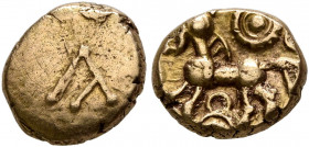 BRITAIN. Atrebates & Regni. Commius, circa 45-30 BC. Quarter Stater (Electrum, 9 mm, 1.22 g, 2 h). A. Rev. Celticized horse to left; above, solar disk...