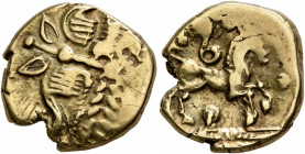 BRITAIN. Trinovantes & Catuvellauni. Uninscribed, circa 100-40 BC. Stater (Gold, 17 mm, 5.81 g, 6 h), Waddon Chase type. Devolved laureate head of Apo...