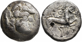 NORTHWEST GAUL. Abrincatui (?). 2nd-1st centuries BC. Stater (Electrum, 18 mm, 5.74 g). Celticized male head to right, with curly hair and strings of ...