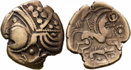NORTHWEST GAUL. Aulerci Eburovices. 2nd to early 1st century BC. Half Stater (Electrum, 17 mm, 2.90 g, 12 h), 'au sanglier' type. Celticized male head...
