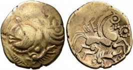 NORTHWEST GAUL. Aulerci Eburovices. 2nd to early 1st century BC. Half Stater (Gold, 19 mm, 3.00 g, 12 h), 'au sanglier' type. Celticized male head to ...