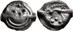 NORTHWEST GAUL. Aulerci Eburovices. Circa 50-30 BC. Cast unit (Potin, 19 mm, 4.10 g, 9 h). Stylized male head to left, with four pellets forming the e...
