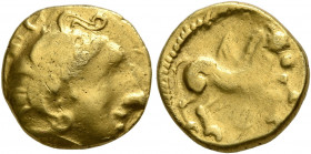 NORTHWEST GAUL. Carnutes. Late 2nd century BC. Quarter Stater (Gold, 11 mm, 2.06 g, 10 h), 'au griffon ailé' type. Celticized head of Apollo to right....