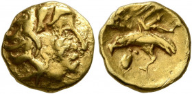 NORTHWEST GAUL. Carnutes. 1st century BC. 1/8 Stater (Gold, 9 mm, 0.92 g, 6 h), 'à l'aigle' type. Celticized head of Apollo to right. Rev. Eagle with ...