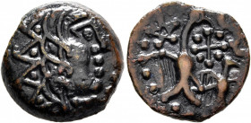 NORTHWEST GAUL. Carnutes. Circa 50-30 BC. AE (Bronze, 16 mm, 3.57 g). Celticized male head to right. Rev. Two eagles flying right, one larger than the...