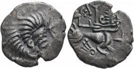 NORTHWEST GAUL. Coriosolites. Circa 100-50 BC. Stater (Billon, 23 mm, 6.39 g, 5 h), 'au nez en crosse' type. Celticized male head to right. Rev. Devol...