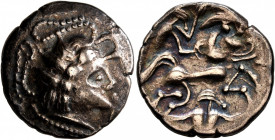 NORTHWEST GAUL. Namnetes. Late 2nd-mid 1st century BC. Stater (Electrum, 21 mm, 6.56 g, 8 h), 'à l'hippophore - à la croix' type. Celticized head of A...