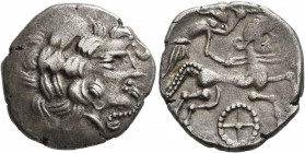 NORTHWEST GAUL. Redones. Circa 60-50 BC. Stater (Silver, 21 mm, 6.59 g, 11 h), 'au profil imberbe' type. Celticized laureate head of Apollo to right. ...