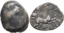 NORTHWEST GAUL. Veneti. 2nd century BC. Stater (Silver, 20 mm, 3.47 g). Celticized head of Apollo to right, with strings of pearls ending in miniature...