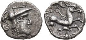 NORTHWEST GAUL. Uncertain tribe. Circa 50-25 BC. Quinarius (Silver, 12 mm, 1.22 g, 6 h), 'à la tête de Pallas' type. Celticized head of Athena to righ...