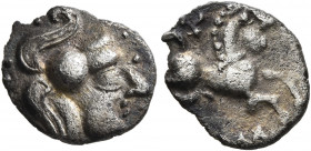 NORTHWEST GAUL. Uncertain tribe. Circa 50-25 BC. Quinarius (?) (Silver, 11 mm, 0.82 g, 3 h), 'à la tête de Pallas' type. Celticized head of Athena to ...