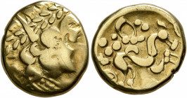 NORTHEAST GAUL. Ambiani. Late 2nd to mid 1st century BC. Stater (Gold, 17 mm, 6.77 g, 9 h), 'statère biface au flan court' type. Celticized laureate h...