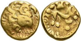 NORTHEAST GAUL. Ambiani. Late 2nd to mid 1st century BC. Stater (Gold, 15 mm, 6.40 g, 12 h), 'statère biface au flan court' type. Celticized laureate ...
