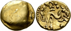 NORTHEAST GAUL. Ambiani. Circa 60-30 BC. Stater (Gold, 18 mm, 6.28 g), 'statère uniface' type. Blank convex surface. Rev. Celticized horse galloping t...