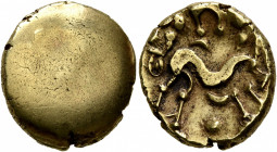 NORTHEAST GAUL. Ambiani. Circa 60-30 BC. Stater (Gold, 18 mm, 6.29 g), 'statère uniface' type. Blank convex surface. Rev. Celticized horse galloping t...