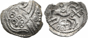NORTHEAST GAUL. Ambiani. Circa 50-30 BC. Quinarius (Silver, 15 mm, 0.48 g), 'au sanglier' type. Celticized head of Athena to right. Rev. Horse springi...