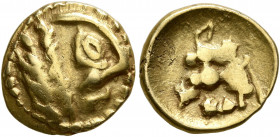 NORTHEAST GAUL. Bellovaci. Circa 60-30/25 BC. Quarter Stater (Gold, 12 mm, 1.43 g, 11 h). Devolved and disjointed male head to right, with prominent n...