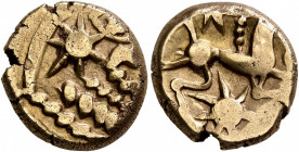 NORTHEAST GAUL. Bellovaci. Circa 60-30/25 BC. Stater (Gold, 15 mm, 5.73 g), 'à l'astre' type. Devolved and disjointed male head to right, with promine...