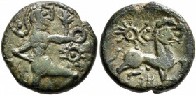 NORTHEAST GAUL. Bellovaci. Circa 60-30/25 BC. AE (Billon, 16 mm, 3.33 g, 4 h). Celticized figure running right; to right, annulet above spiral-armed s...