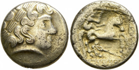 NORTHEAST GAUL. Caleti. 2nd century BC. Half Stater (Electrum, 16 mm, 3.50 g, 9 h). Celticized laureate male head to right. Rev. Celticized horseman t...